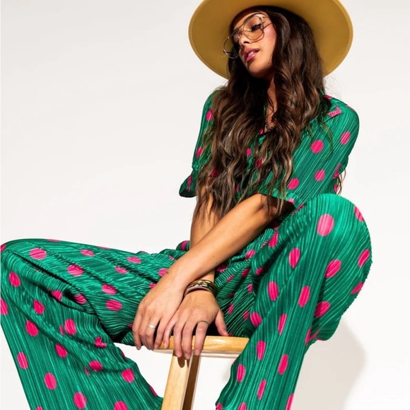 Dressed in LALA Tops - Dressed in LALA Green and Pink Polka Dot Set